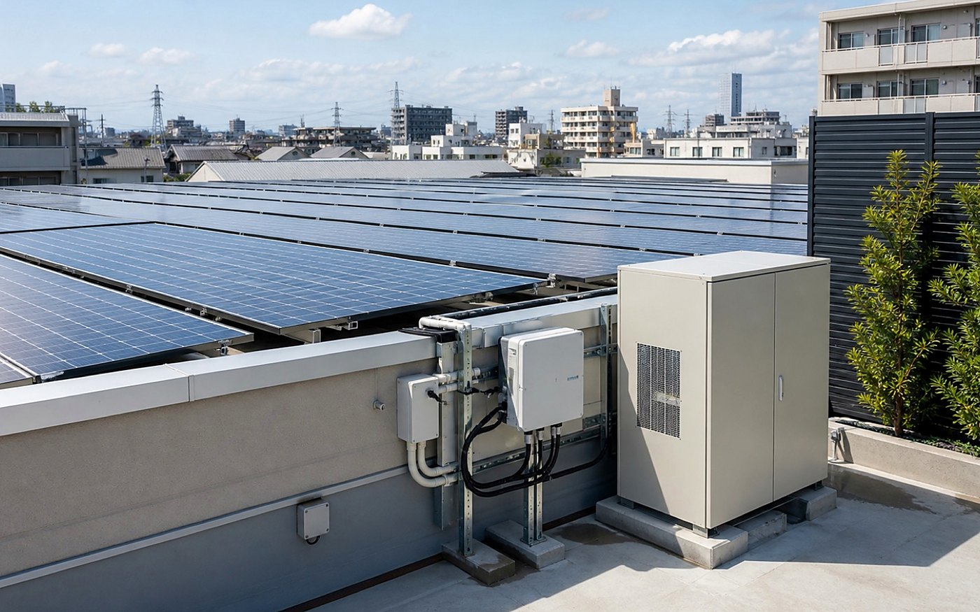 屋根上の太陽光パネルと発電設備のイメージ